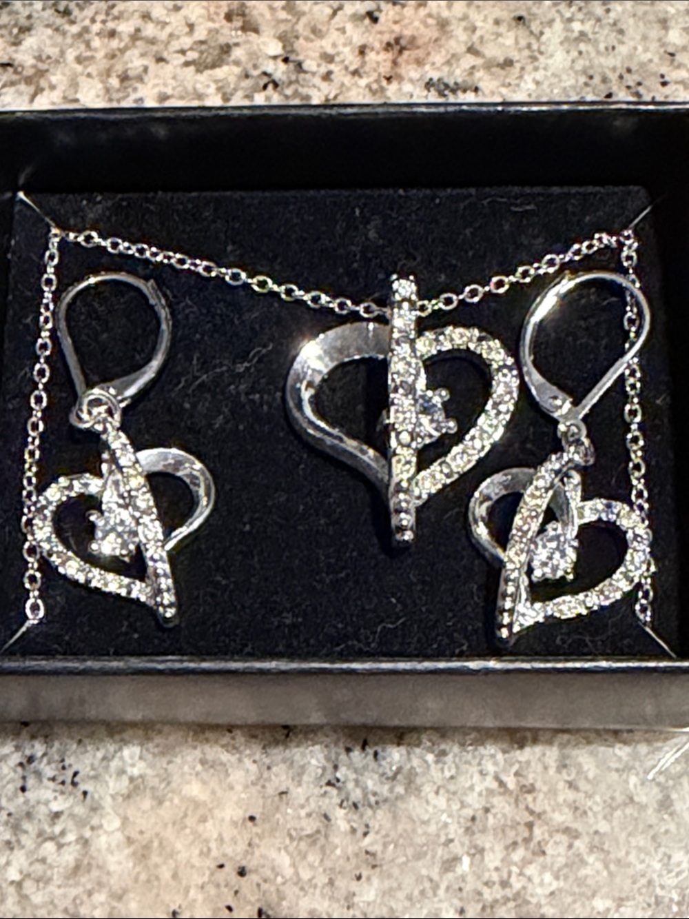 Sparkling Silver Heart Pendant Necklace and Earrings Set - Clear Crystal Accents